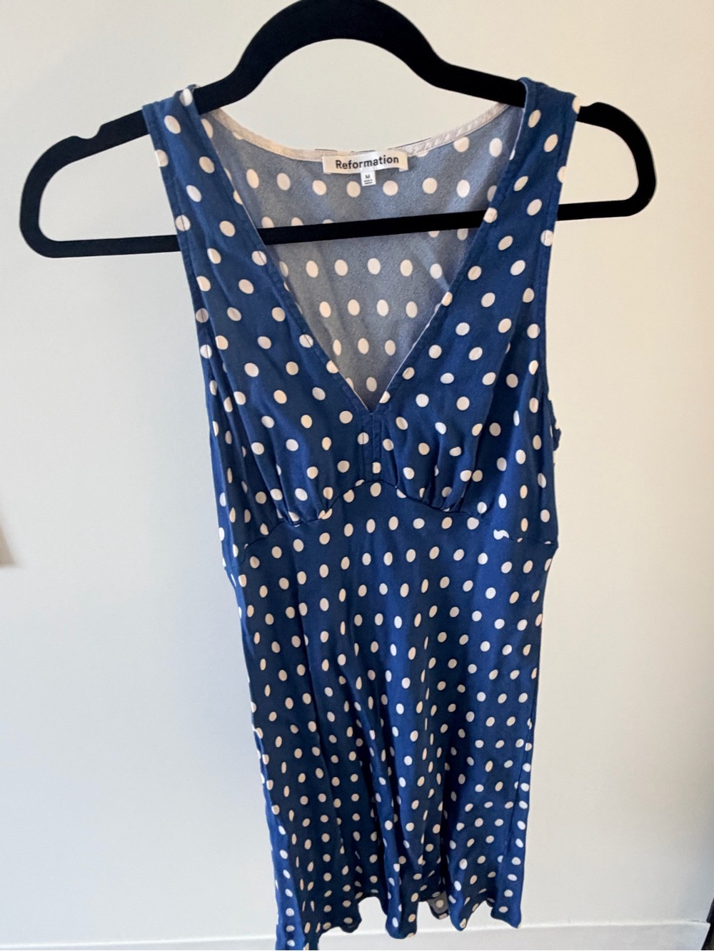 Reformation Navy Blue Polka Dot V-Neck Midi Dress